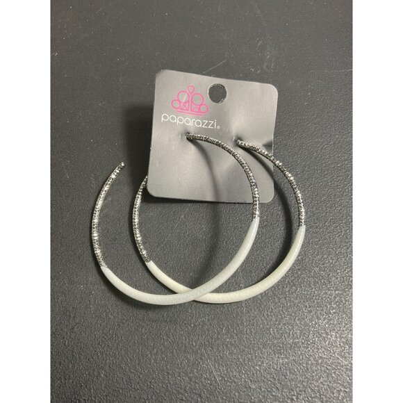 Paparazzi Silver & White Hoop Earrings For Teens & Up - Picture 1 of 2